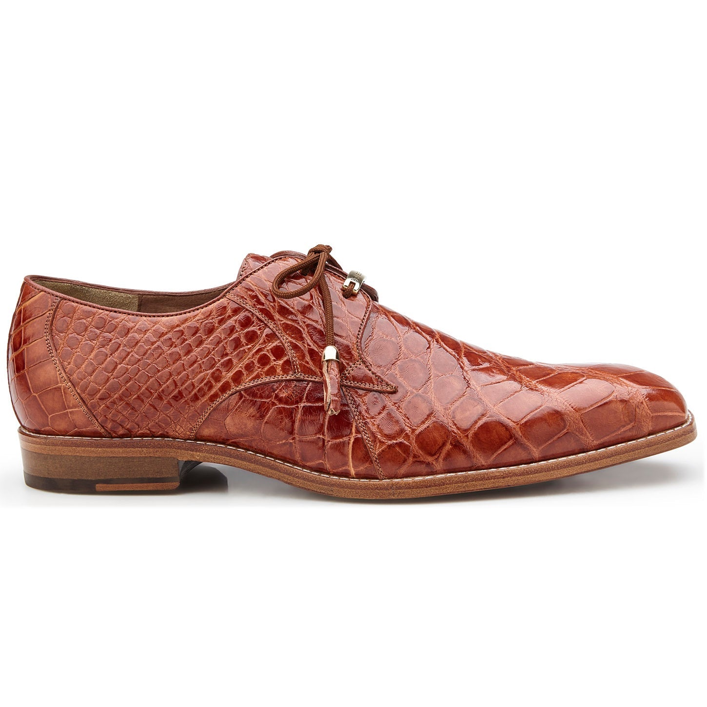 The BELVEDERE Belvedere - Lago is a cognac men's dress shoe crafted from genuine American alligator leather, featuring a plain toe, lace-up closure, and low wooden heel, shown in side profile.