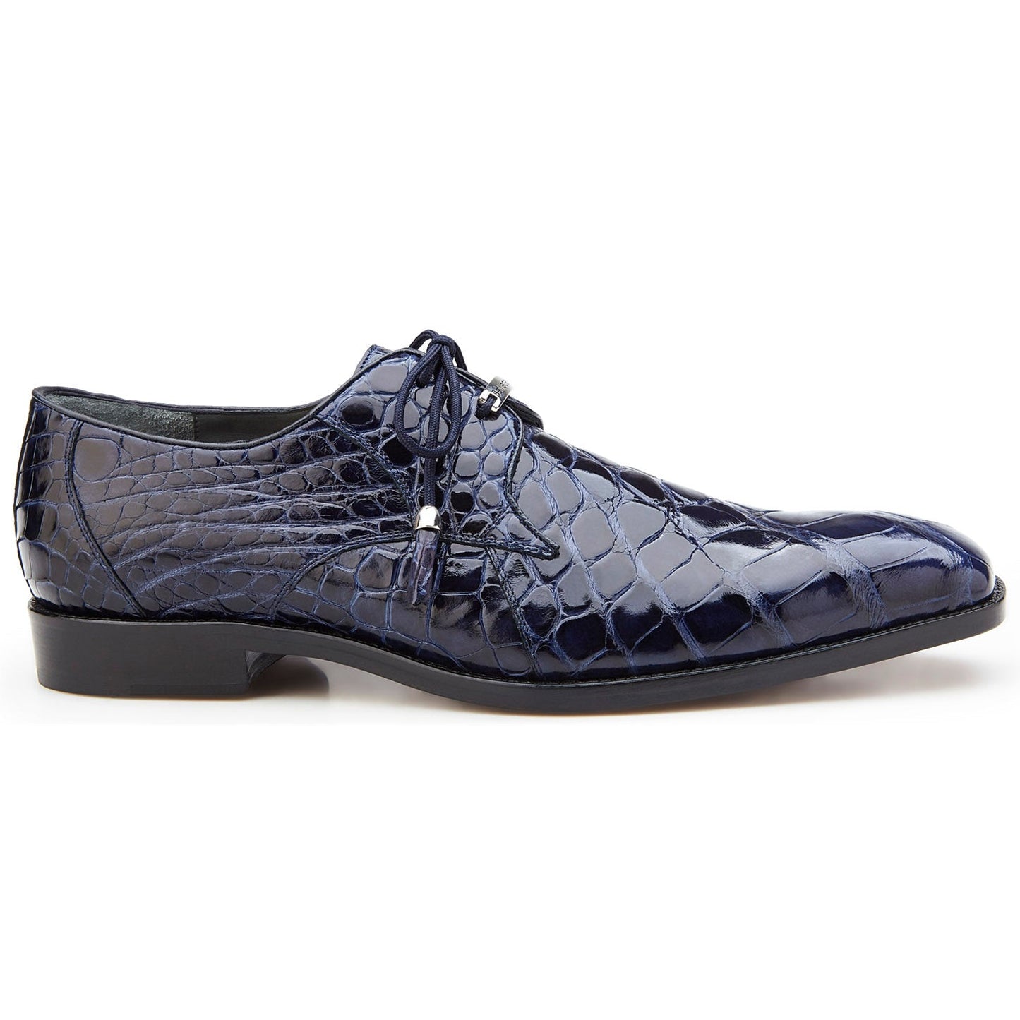 The BELVEDERE Belvedere - Lago, Navy 14010 is a genuine American alligator men's dress shoe in dark blue, featuring a crocodile pattern, laces, low heel, and glossy finish—shown in side profile.