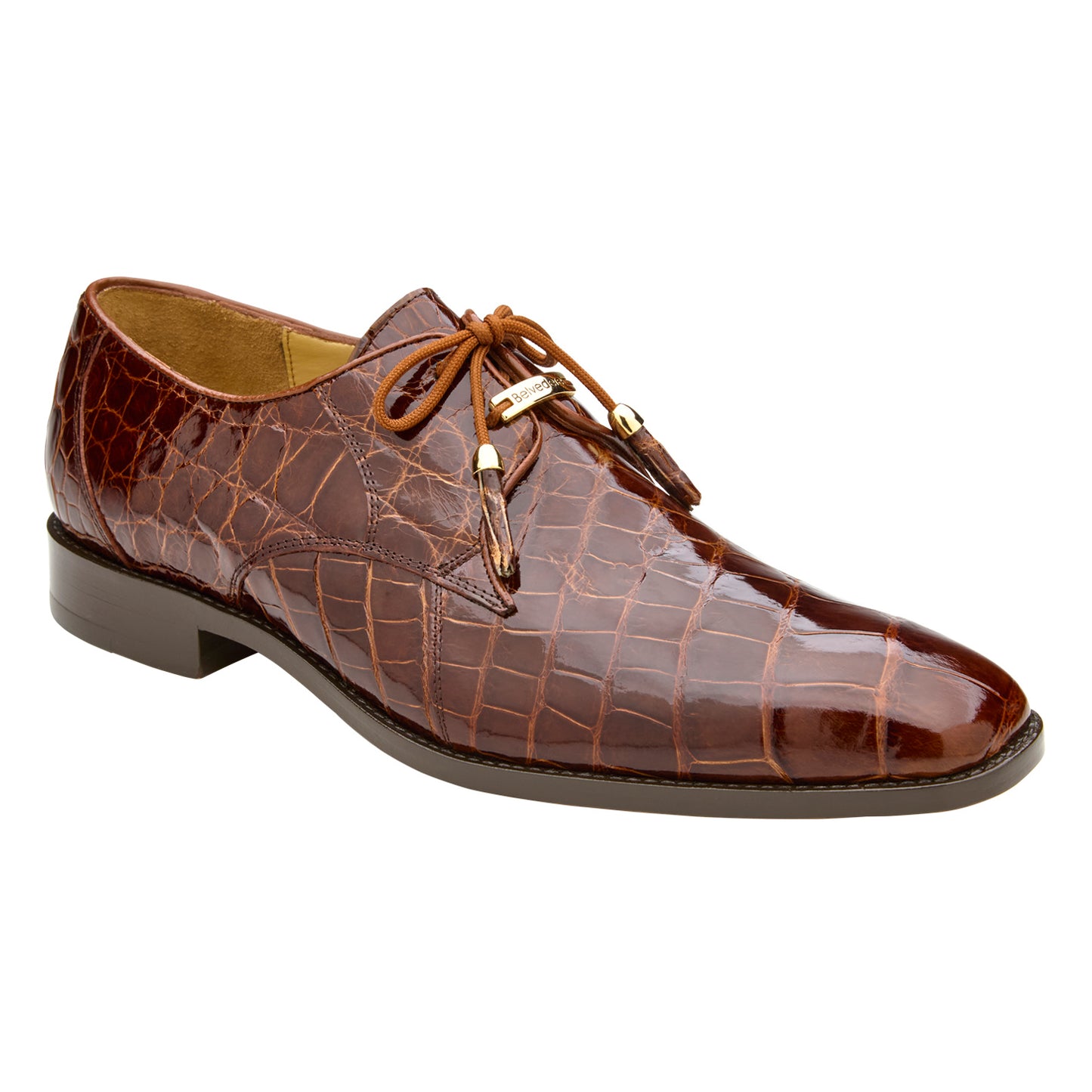 The BELVEDERE Belvedere - Lago, Genuine American Alligator Dress Shoe in Peanut (14010) is shown in profile, featuring a plain toe, leather lining, low heel, and lace-up closure on a white background.