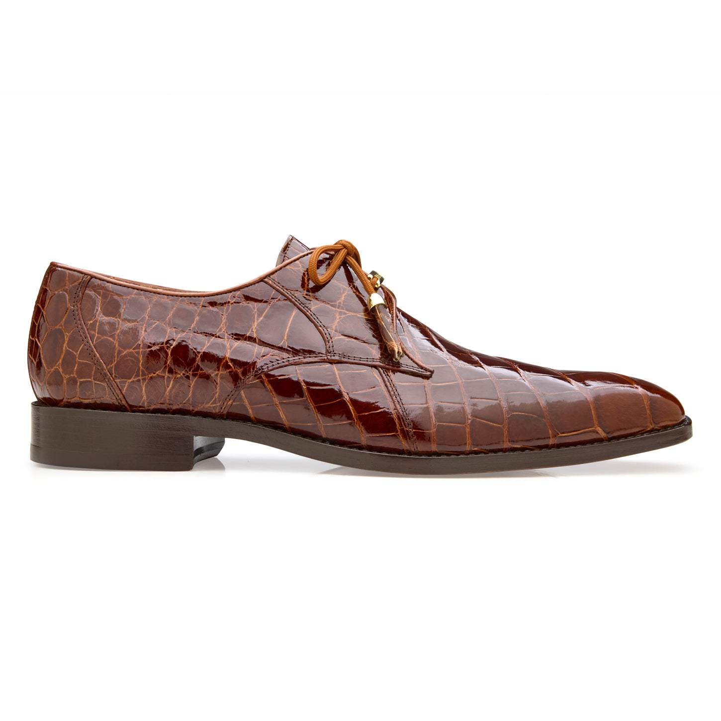 The BELVEDERE Belvedere - Lago, Genuine American Alligator Dress Shoe in Peanut (14010) is shown in profile, featuring a plain toe, leather lining, low heel, and lace-up closure on a white background.