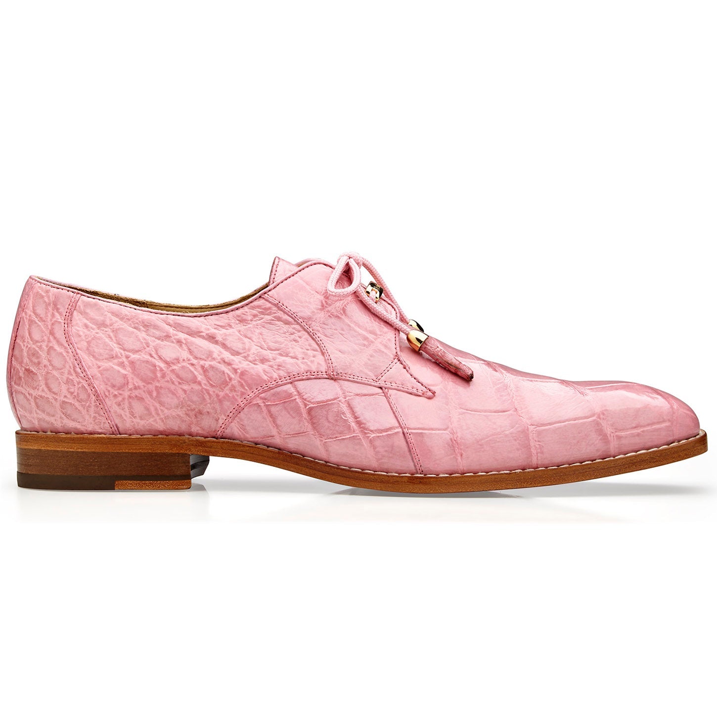 The BELVEDERE Lago 14010 is a pink genuine American alligator dress shoe with tassel laces, low wooden heel, smooth outsole, and supple leather lining.