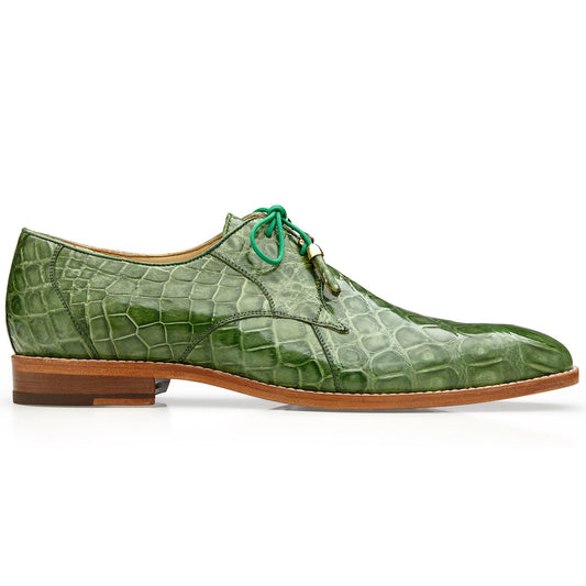 The BELVEDERE Belvedere - Lago, Genuine American Alligator Dress Shoe in Pistachio (14010) features green alligator leather, matching laces, and a brown wooden sole—an elegant side-profile choice for distinctive menswear.