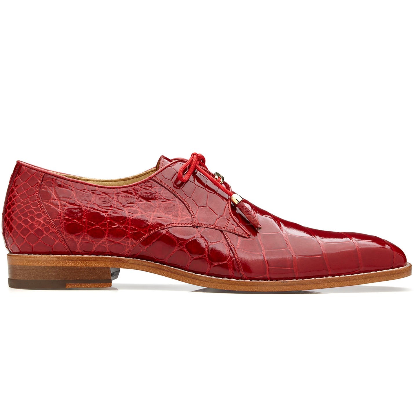 The BELVEDERE Belvedere - Lago, Genuine American Alligator Dress Shoe in red (14010) features a crocodile pattern, tassel laces, and a low wooden heel—an elegant side-profile addition to any menswear collection.