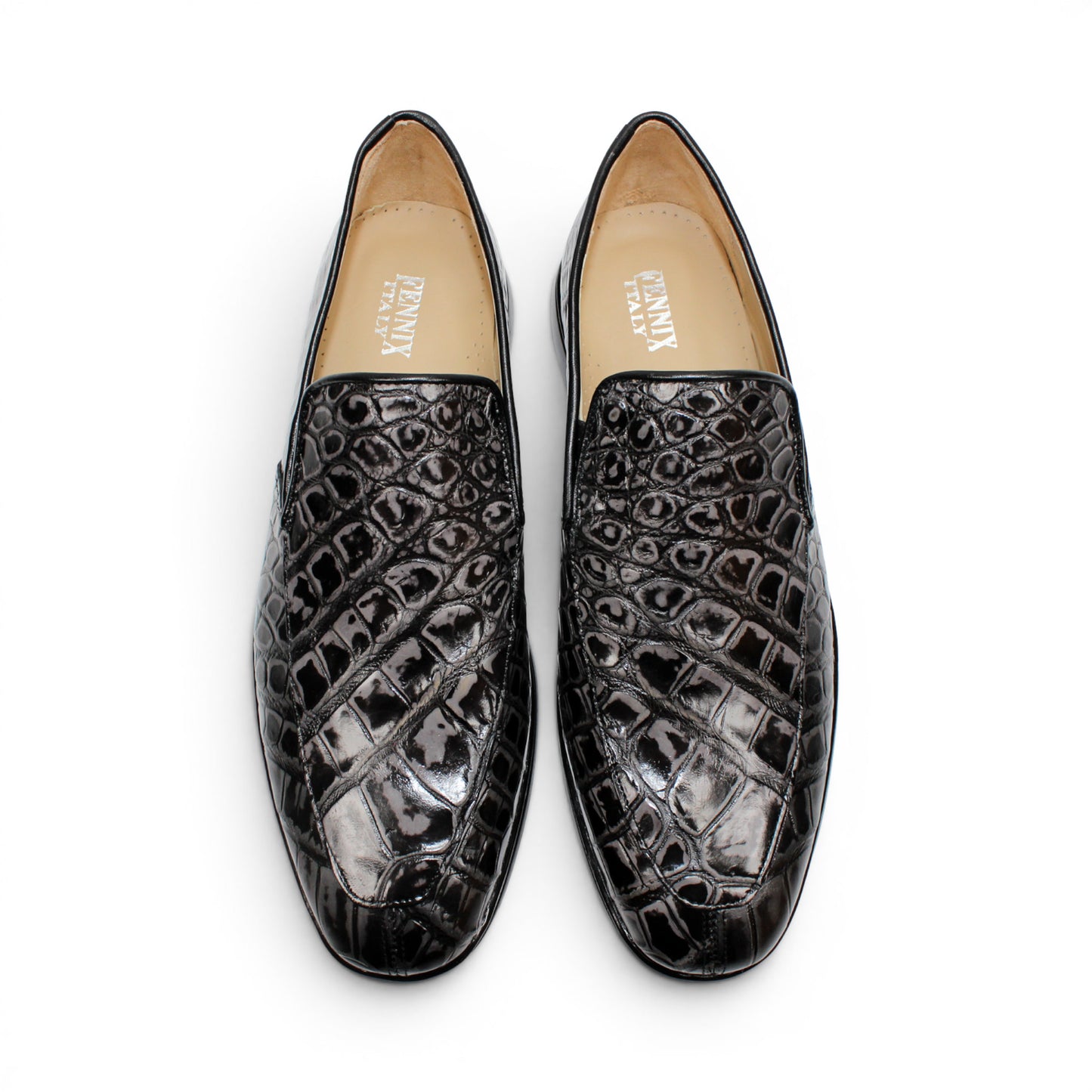 The Fennix Lance Nero/Grigio by Fennix of Italy is a black crocodile-pattern leather loafer, Italian-crafted for sophistication with a low heel and rounded toe, displayed in profile against a plain white background.
