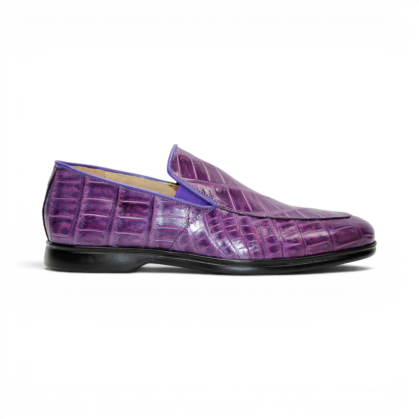 A single Fennix Lance Purple luxury men’s shoe by Fennix of Italy, crafted from genuine alligator leather with a black sole, is photographed in profile on a white background.