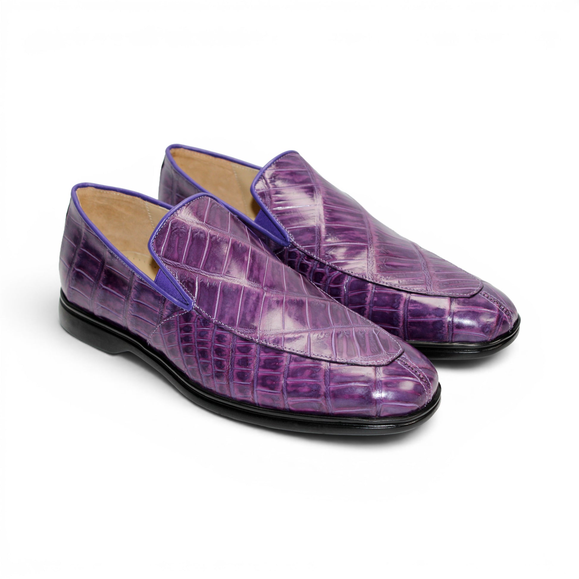 A single Fennix Lance Purple luxury men’s shoe by Fennix of Italy, crafted from genuine alligator leather with a black sole, is photographed in profile on a white background.