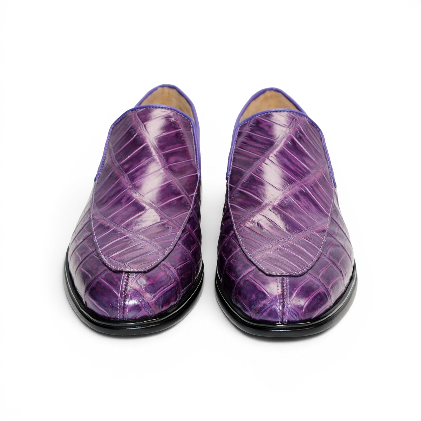 A single Fennix Lance Purple luxury men’s shoe by Fennix of Italy, crafted from genuine alligator leather with a black sole, is photographed in profile on a white background.