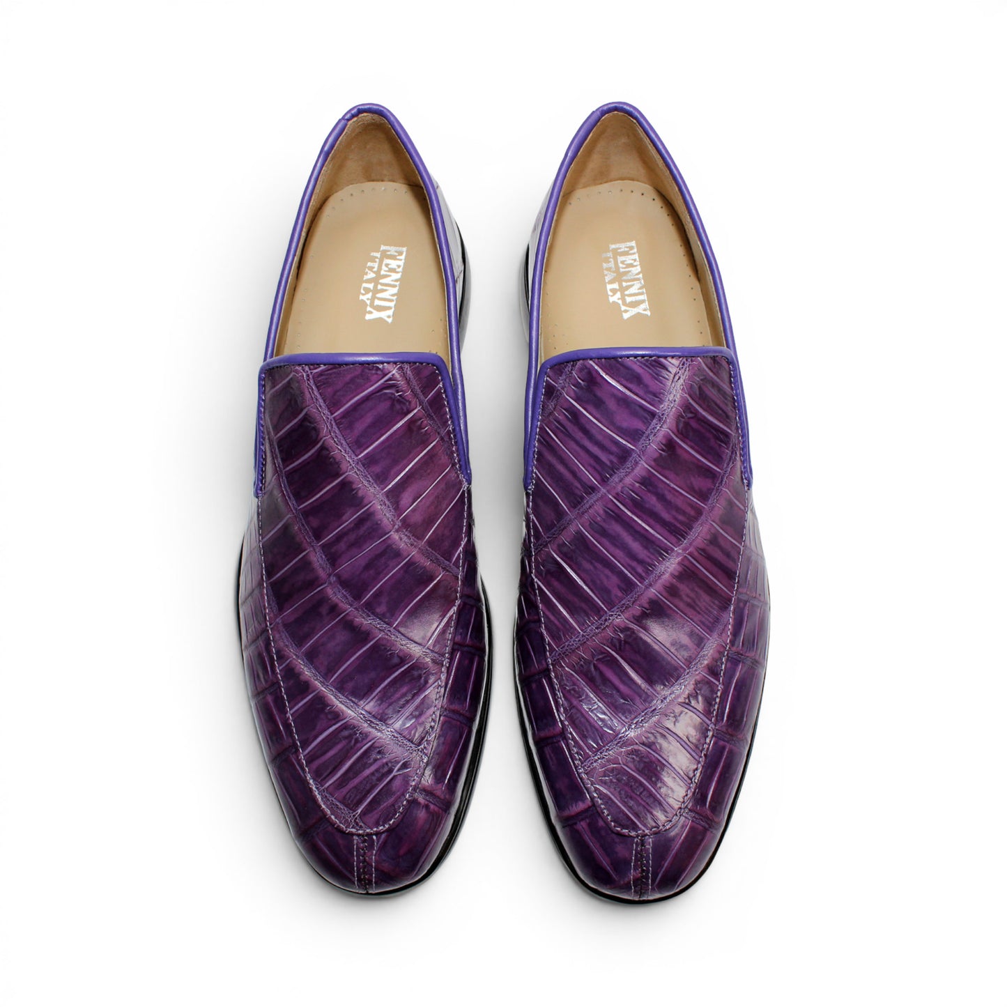 A single Fennix Lance Purple luxury men’s shoe by Fennix of Italy, crafted from genuine alligator leather with a black sole, is photographed in profile on a white background.