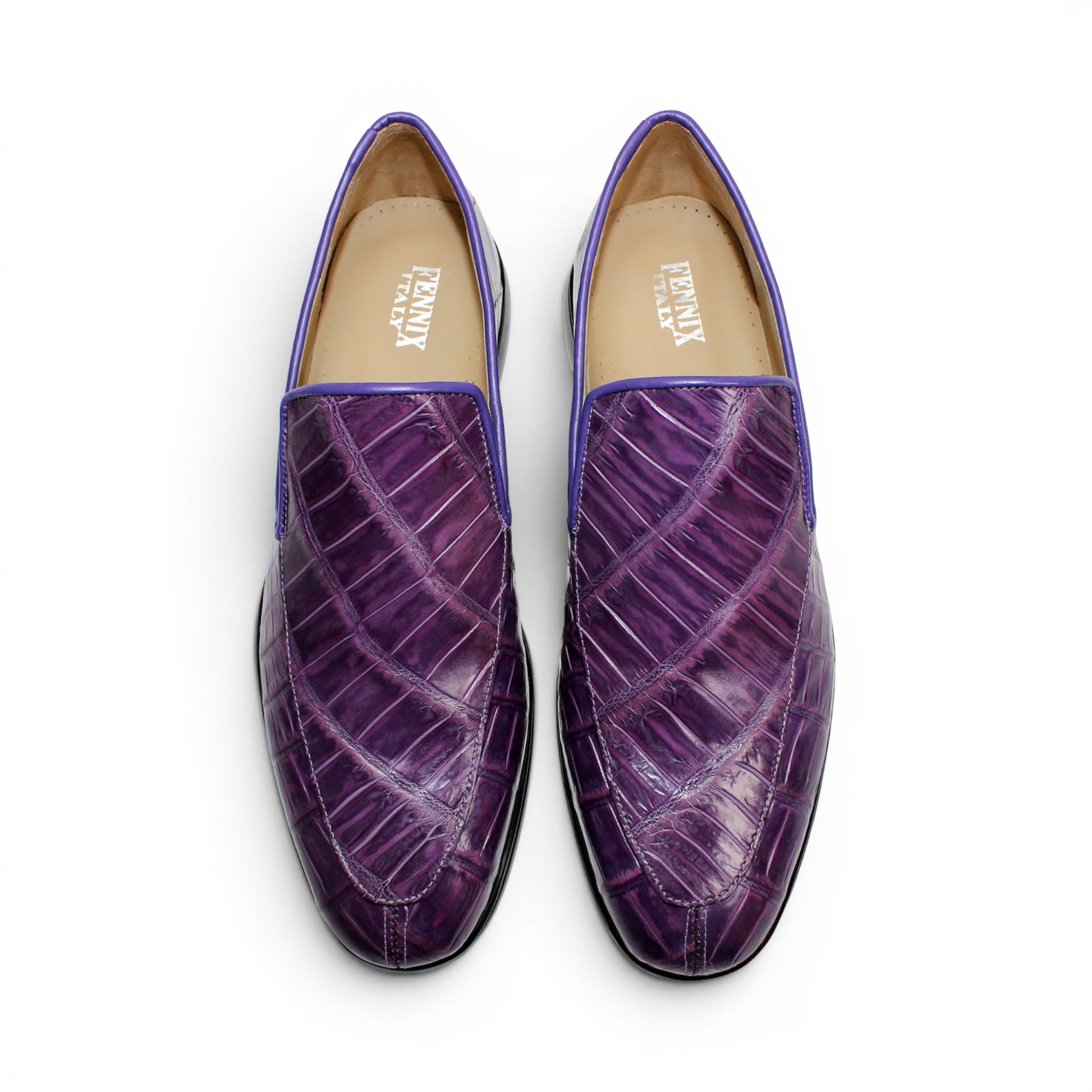 A single Fennix Lance Purple luxury men’s shoe by Fennix of Italy, crafted from genuine alligator leather with a black sole, is photographed in profile on a white background.