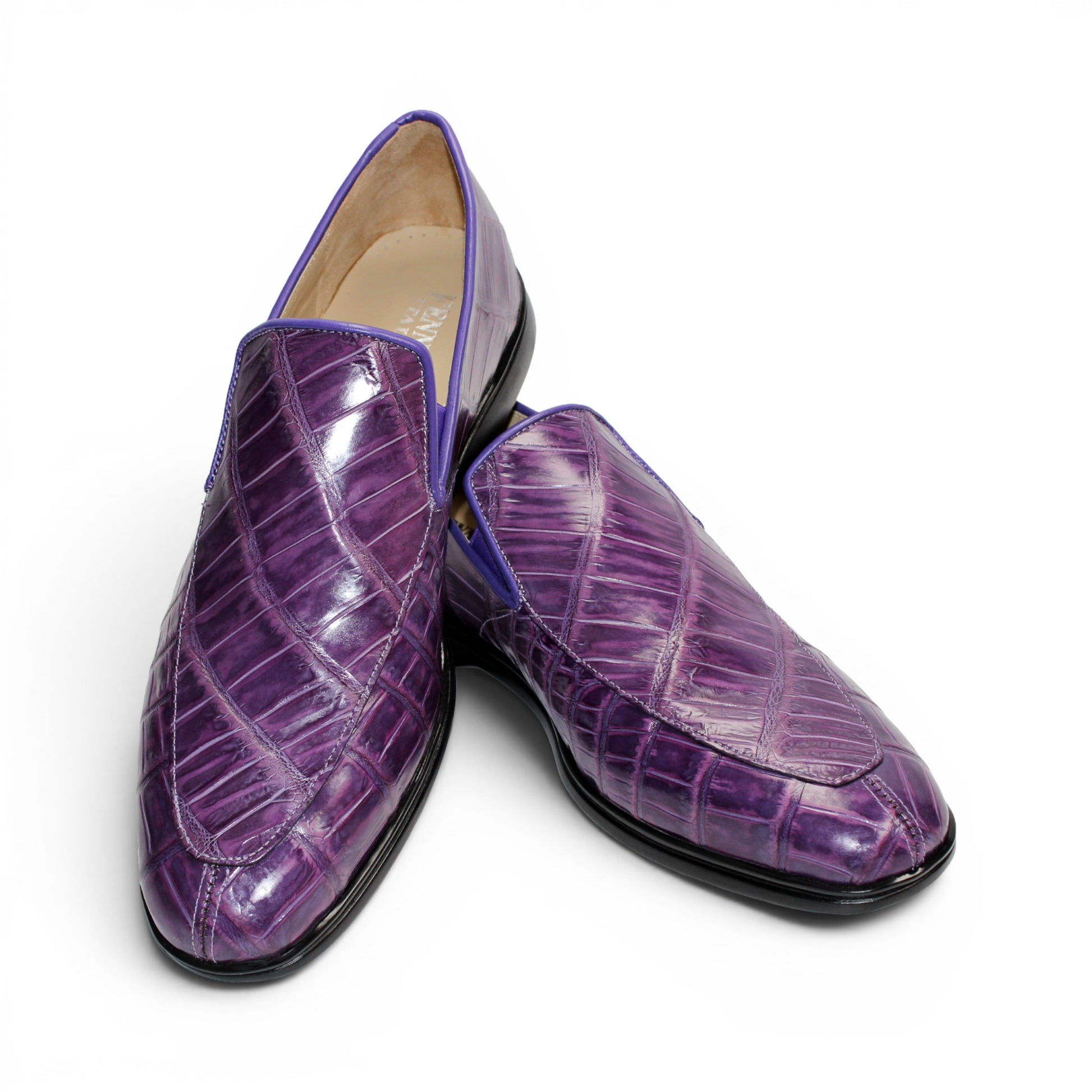 A single Fennix Lance Purple luxury men’s shoe by Fennix of Italy, crafted from genuine alligator leather with a black sole, is photographed in profile on a white background.