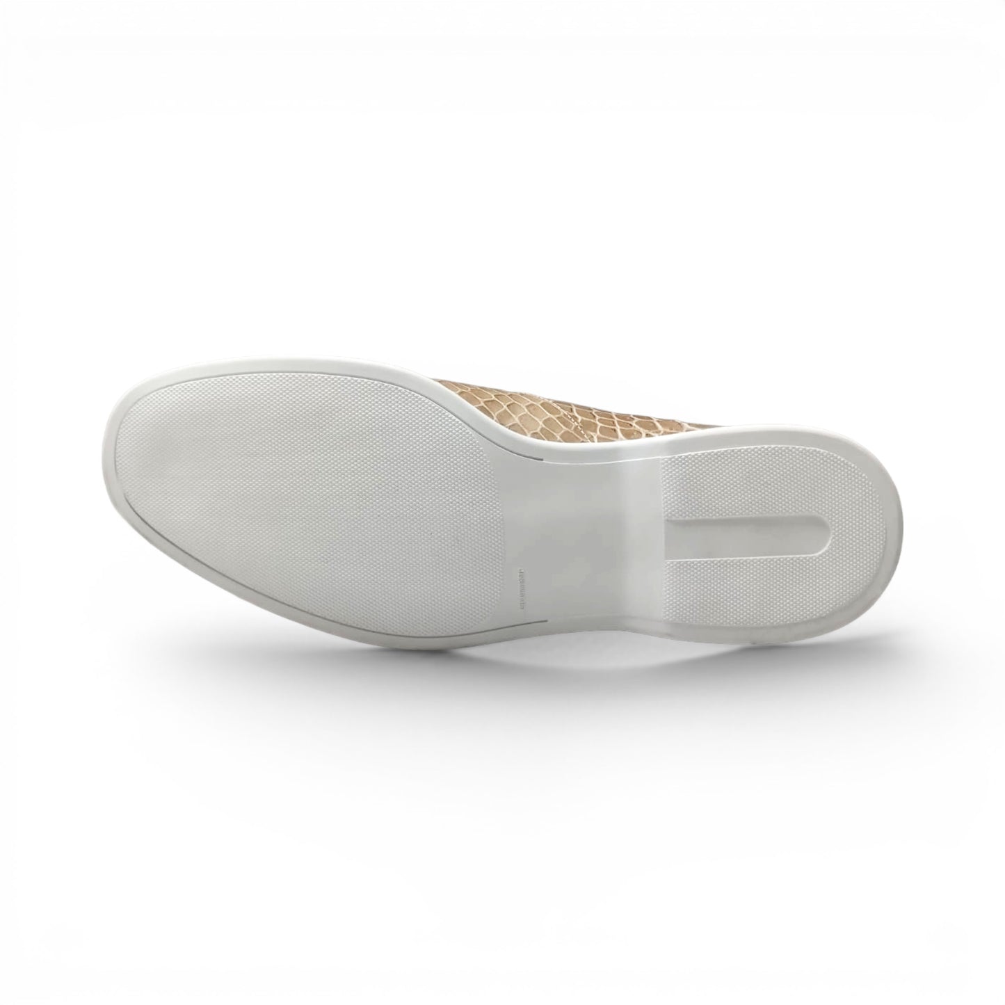 The Fennix Lance Taupe by Fennix of Italy, a taupe crocodile-patterned loafer with a crisp white sole, is displayed in profile against a white background—an exquisite example of luxury men's footwear.