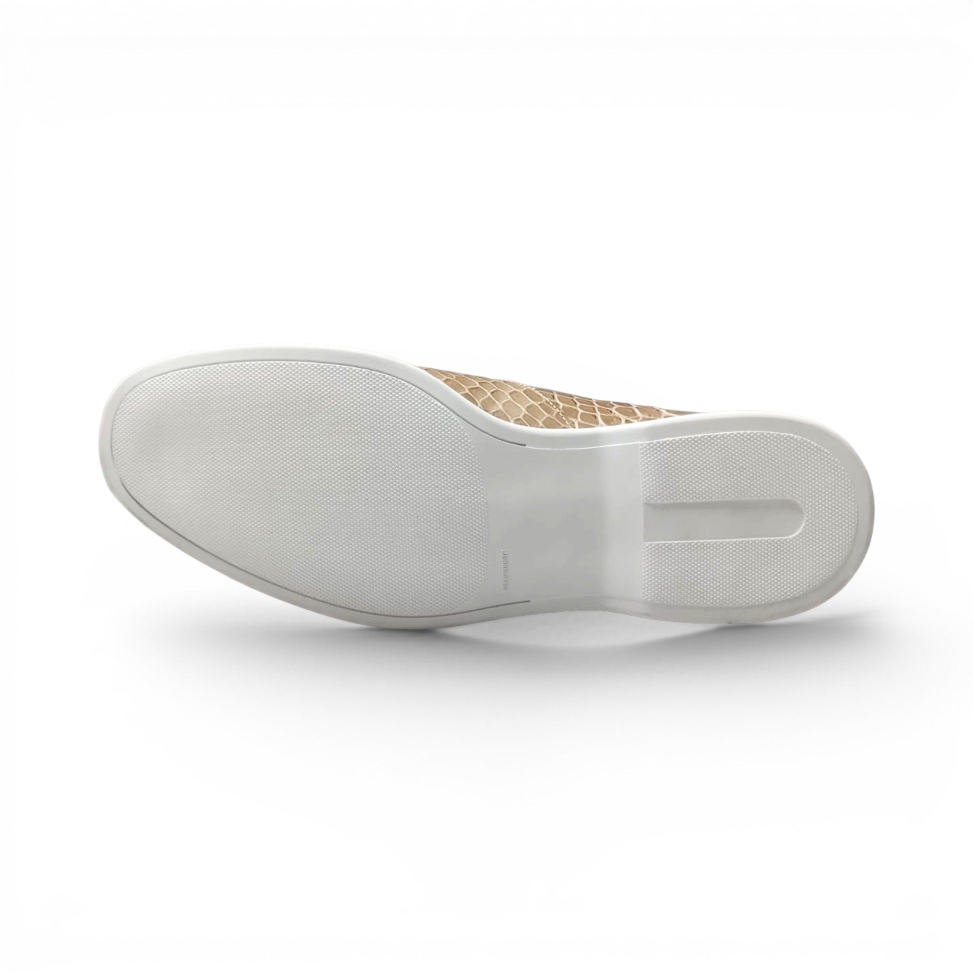 The Fennix Lance Taupe by Fennix of Italy, a taupe crocodile-patterned loafer with a crisp white sole, is displayed in profile against a white background—an exquisite example of luxury men's footwear.