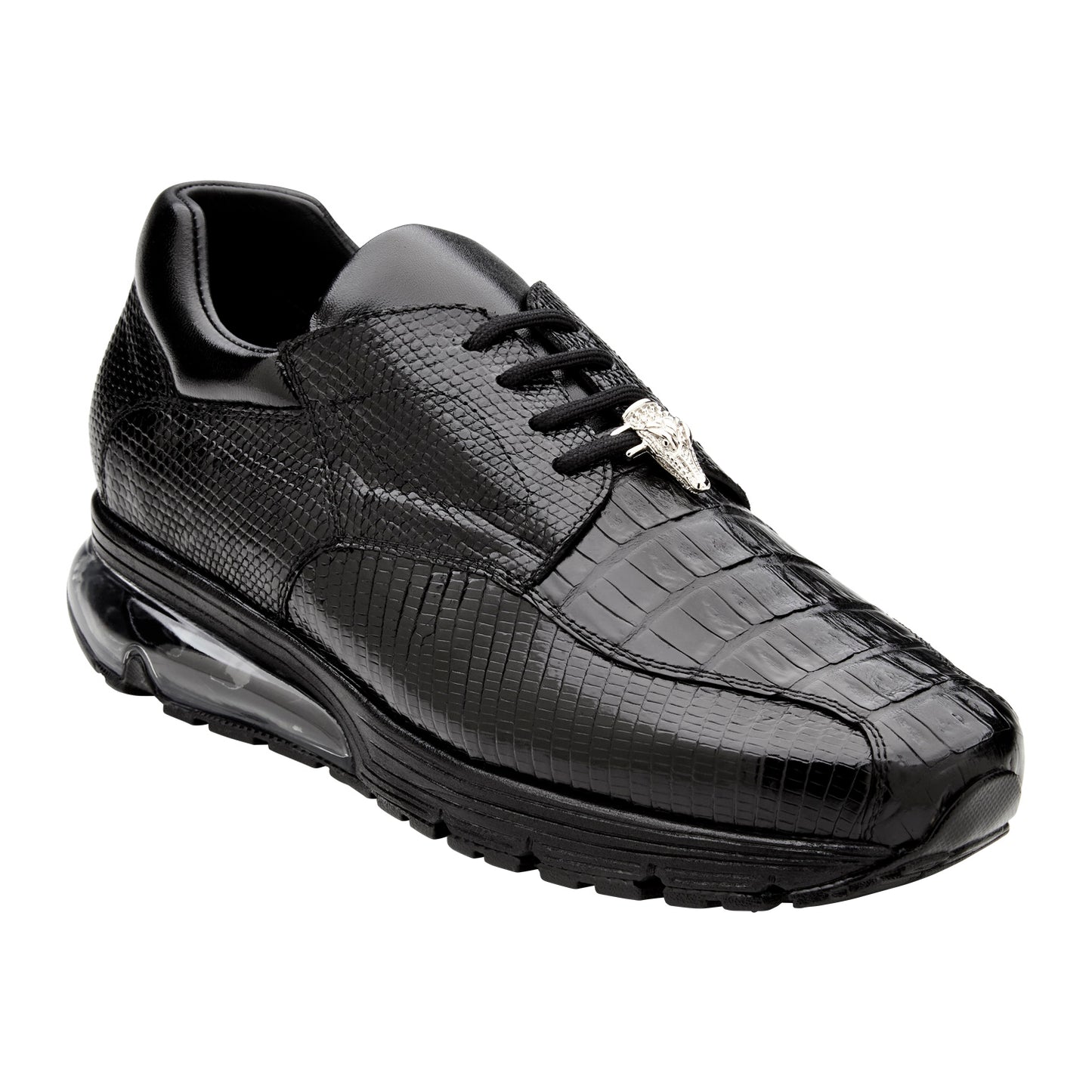 The BELVEDERE Lazaro is a black dress sneaker crafted from genuine caiman and lizard leather, featuring a textured finish and air-cushioned sole, shown in side profile against a white background.