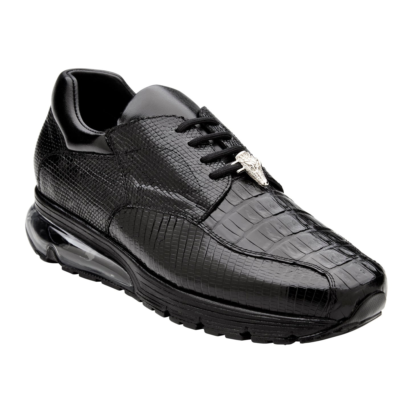 The BELVEDERE Lazaro is a black dress sneaker crafted from genuine caiman and lizard leather, featuring a textured finish and air-cushioned sole, shown in side profile against a white background.