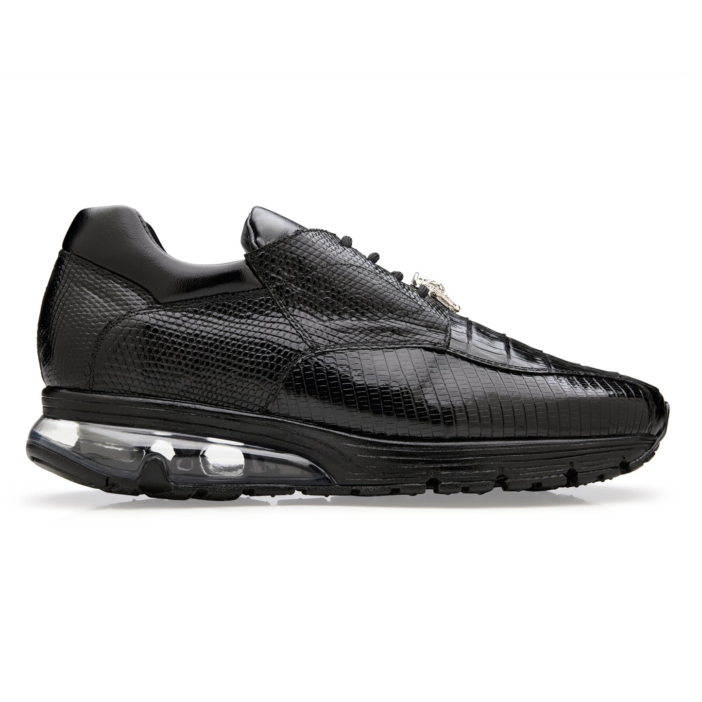The BELVEDERE Lazaro is a black dress sneaker crafted from genuine caiman and lizard leather, featuring a textured finish and air-cushioned sole, shown in side profile against a white background.