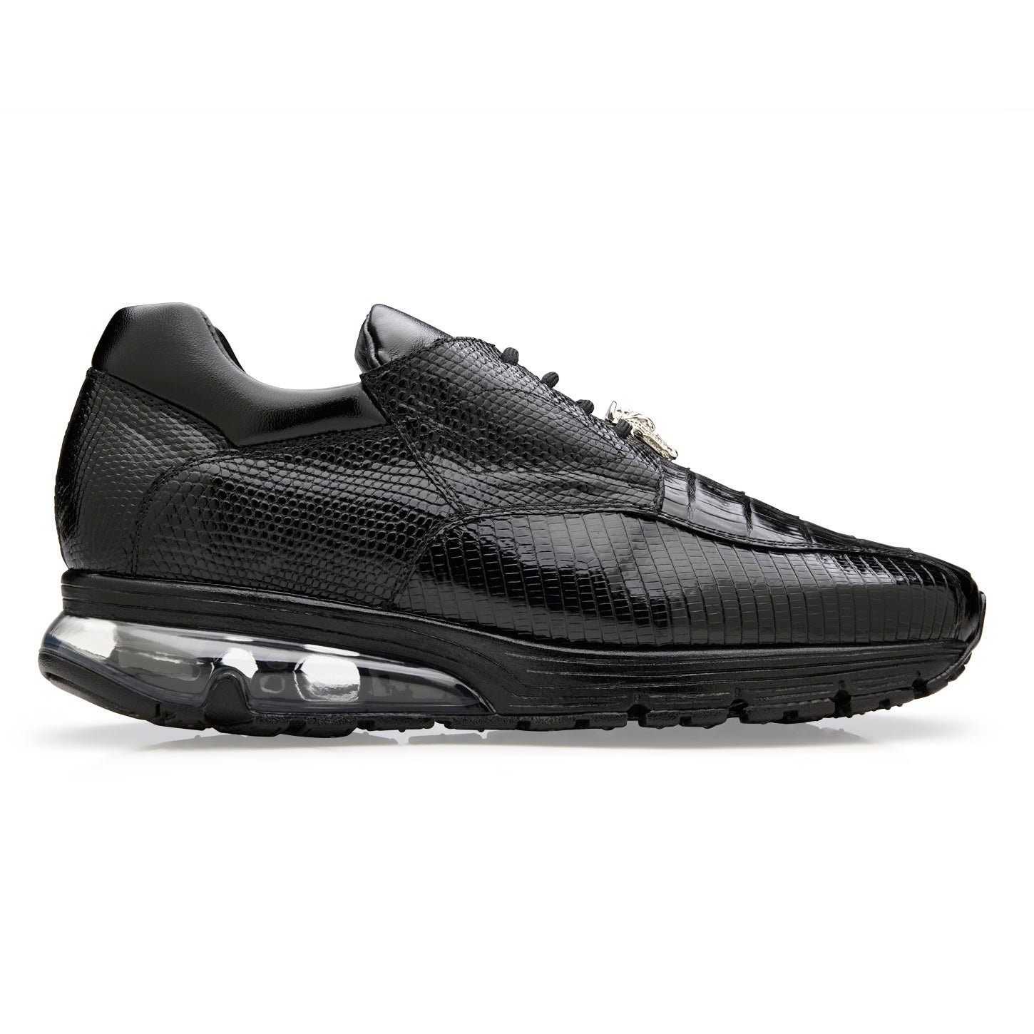 The BELVEDERE Lazaro is a black dress sneaker crafted from genuine caiman and lizard leather, featuring a textured finish and air-cushioned sole, shown in side profile against a white background.