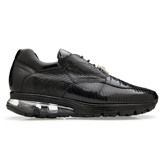 The BELVEDERE Lazaro is a black dress sneaker crafted from genuine caiman and lizard leather, featuring a textured finish and air-cushioned sole, shown in side profile against a white background.
