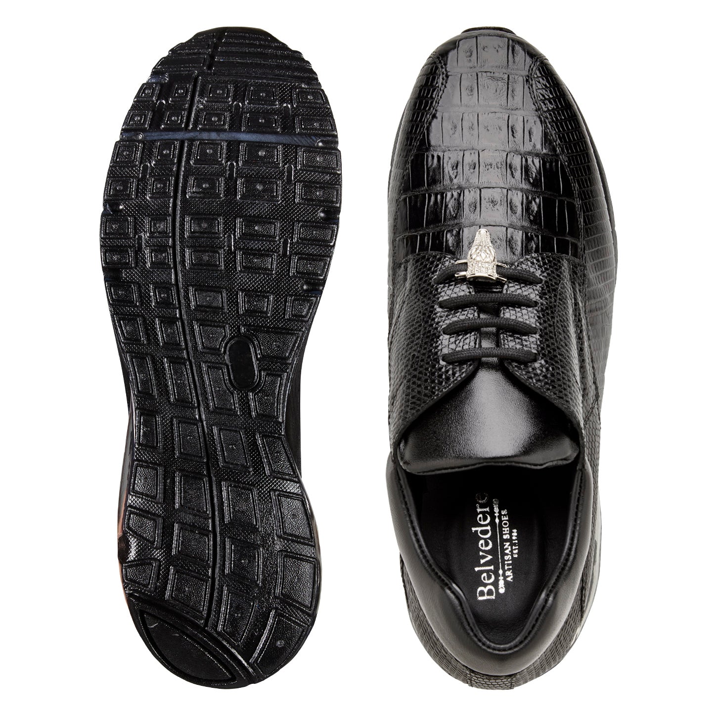 The BELVEDERE Lazaro is a black dress sneaker crafted from genuine caiman and lizard leather, featuring a textured finish and air-cushioned sole, shown in side profile against a white background.
