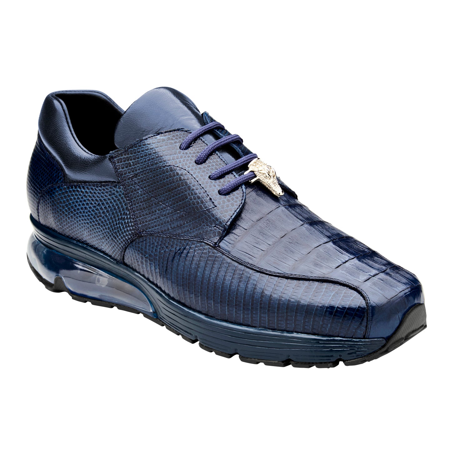 The BELVEDERE Lazaro dress sneaker in navy features genuine caiman and lizard leather, a glossy textured finish, visible air-cushioned sole, and black rubber outsole—all displayed in a side profile view.