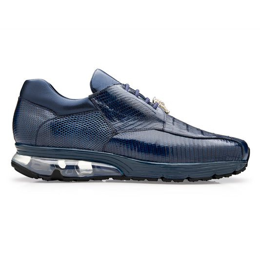 The BELVEDERE Lazaro dress sneaker in navy features genuine caiman and lizard leather, a glossy textured finish, visible air-cushioned sole, and black rubber outsole—all displayed in a side profile view.