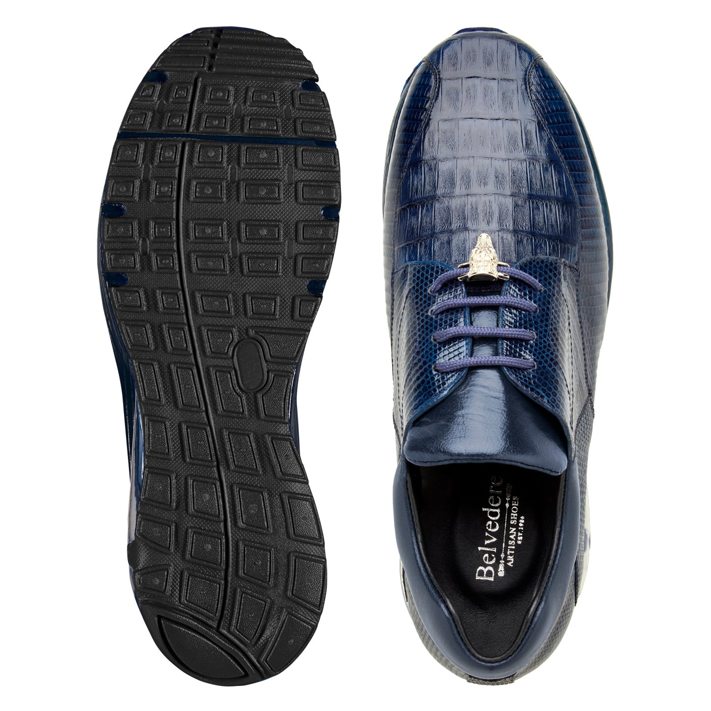 The BELVEDERE Lazaro dress sneaker in navy features genuine caiman and lizard leather, a glossy textured finish, visible air-cushioned sole, and black rubber outsole—all displayed in a side profile view.