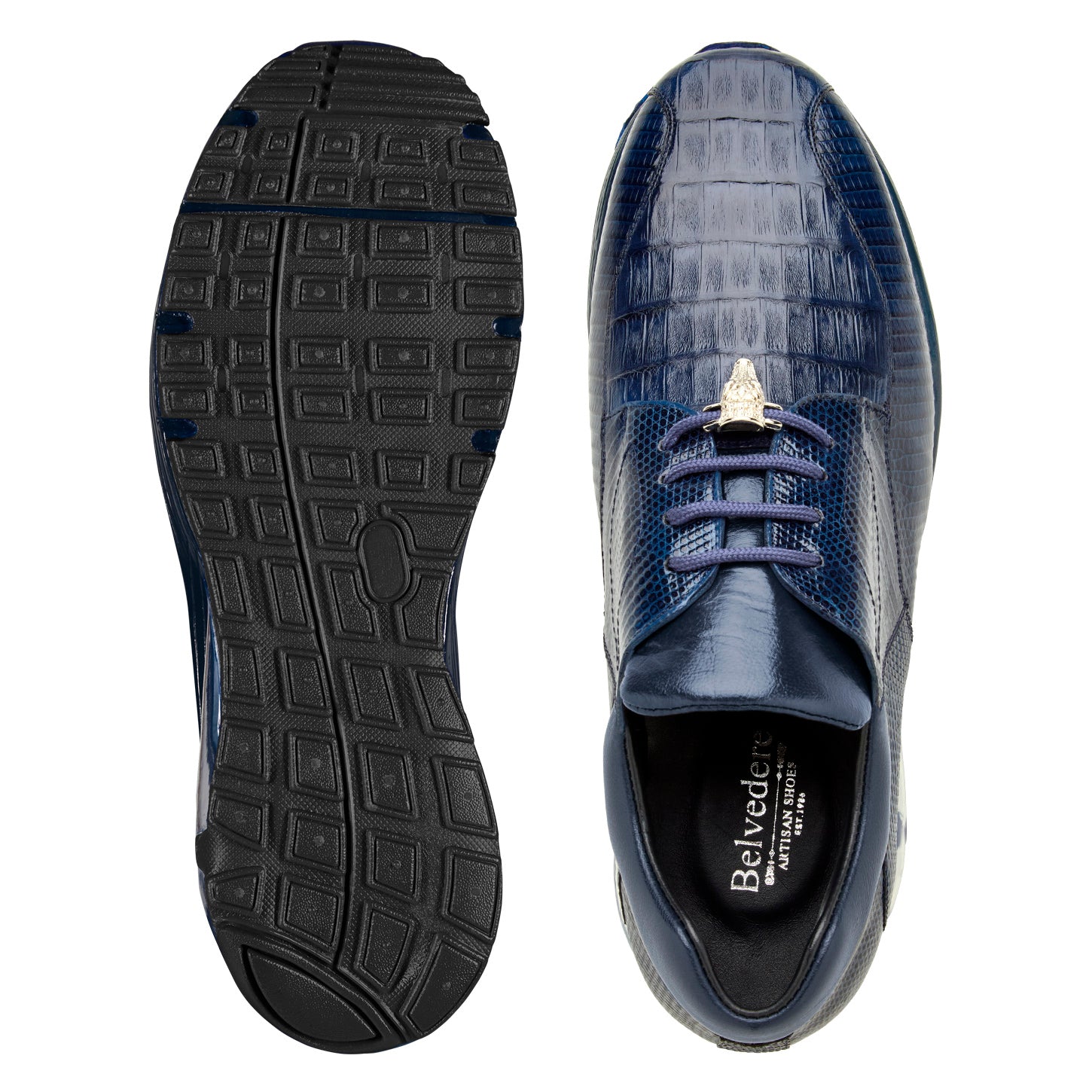 The BELVEDERE Lazaro dress sneaker in navy features genuine caiman and lizard leather, a glossy textured finish, visible air-cushioned sole, and black rubber outsole—all displayed in a side profile view.