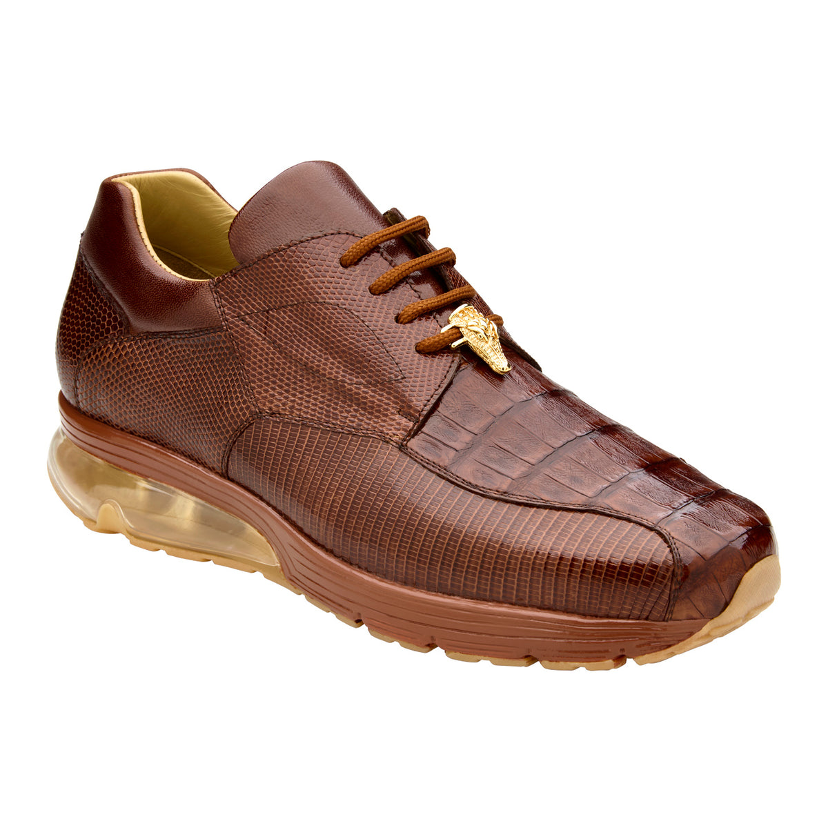 The BELVEDERE Lazaro dress sneaker in Antique Peanut features genuine caiman and lizard leather, textured details, visible stitching, lace-up closure, a clear air-cushion sole, and gold lace accents.