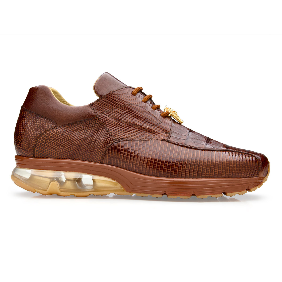 The BELVEDERE Lazaro dress sneaker in Antique Peanut features genuine caiman and lizard leather, textured details, visible stitching, lace-up closure, a clear air-cushion sole, and gold lace accents.