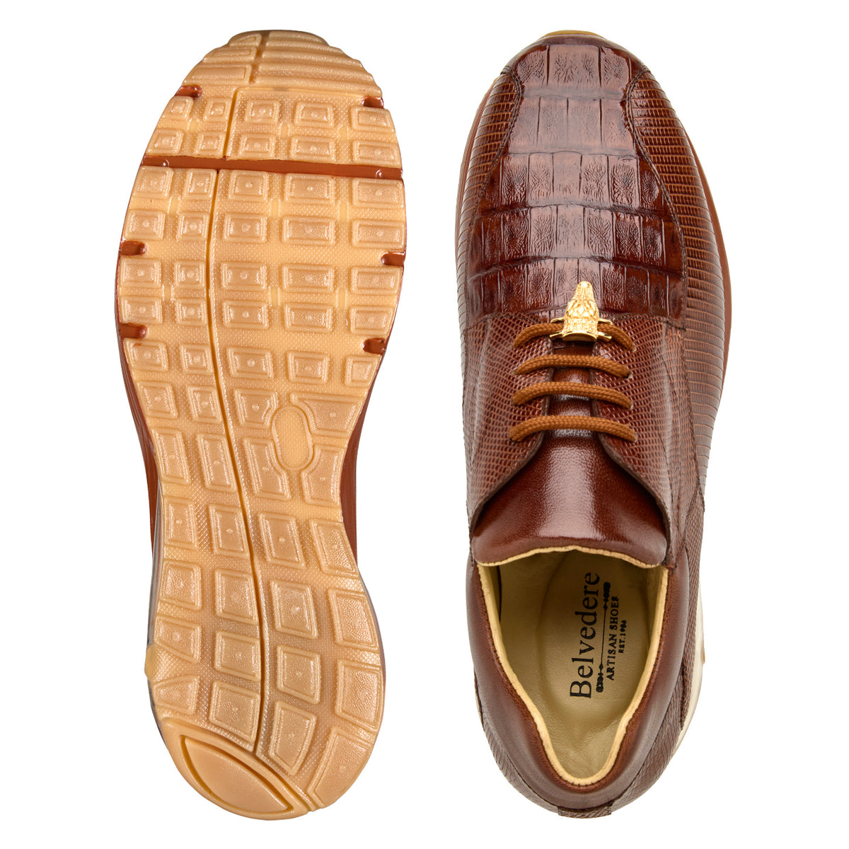 The BELVEDERE Lazaro dress sneaker in Antique Peanut features genuine caiman and lizard leather, textured details, visible stitching, lace-up closure, a clear air-cushion sole, and gold lace accents.