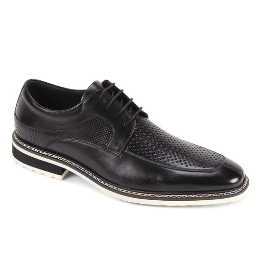 The Giovanni Lenny Black Leather Shoes by GIOVANNI feature a genuine leather upper, perforated moc toe, white stitching around the sole, and a white outsole.