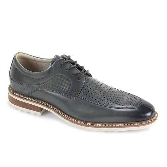 The GIOVANNI Giovanni Lenny Grey Leather Shoes feature a genuine leather upper, perforated moc toe and detailing, lace-up closure, white stitching, and a contrasting tan and white sole.
