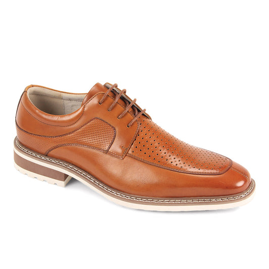 The GIOVANNI Giovanni Lenny Tan Leather Shoes feature perforated moc toe detailing, a lace-up closure, and a white-stitched sole.