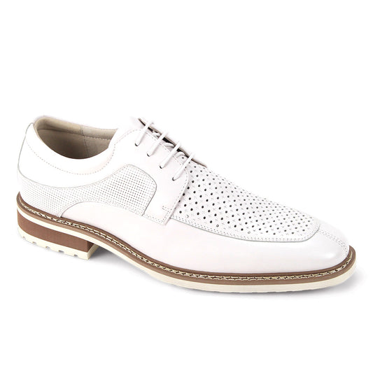 The Giovanni Lenny White Leather Shoes by GIOVANNI feature genuine white leather, lace-up design, perforated moc toe detail, beige accents, and a brown and white sole.