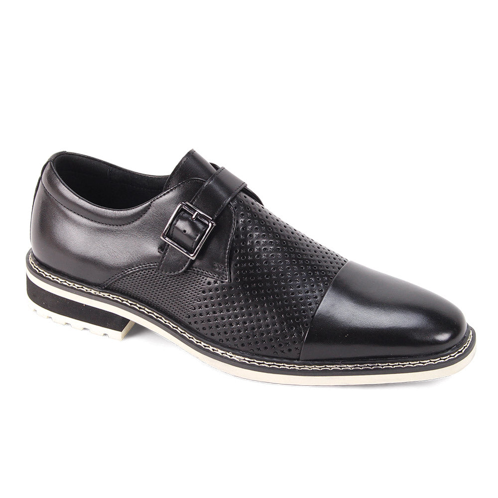 The Giovanni Les Black Leather Shoes by GIOVANNI feature a single monk strap buckle, perforated upper detailing, a cap toe, and a white-accented sole.