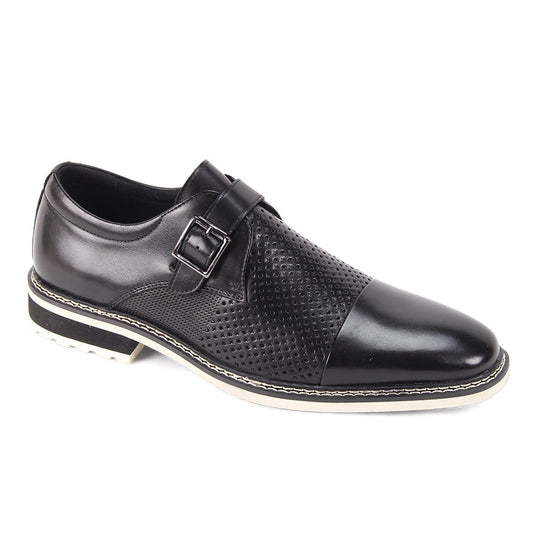 The Giovanni Les Black Leather Shoes by GIOVANNI feature a single monk strap buckle, perforated upper detailing, a cap toe, and a white-accented sole.
