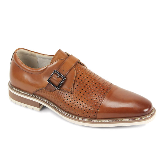 The GIOVANNI Giovanni Les Tan Leather Shoes feature brown genuine leather, a perforated cap toe, single monk strap with buckle, contrasting sole, and detailed stitching.