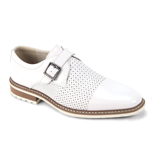 The Giovanni Les White Leather Shoes by GIOVANNI feature genuine white leather, a perforated design, single monk strap buckle, and a tan sole with white stitching.