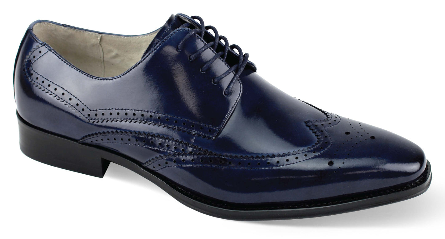 A single Giovanni Lincoln navy leather oxford shoe by GIOVANNI, featuring intricate wingtip detailing and sleek black lace threading.