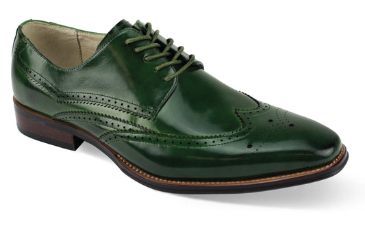 The Giovanni Lincoln Olive Leather Shoes by GIOVANNI are elegant wingtips crafted from green leather, featuring decorative perforations and lace detailing, complemented by a dark brown sole.