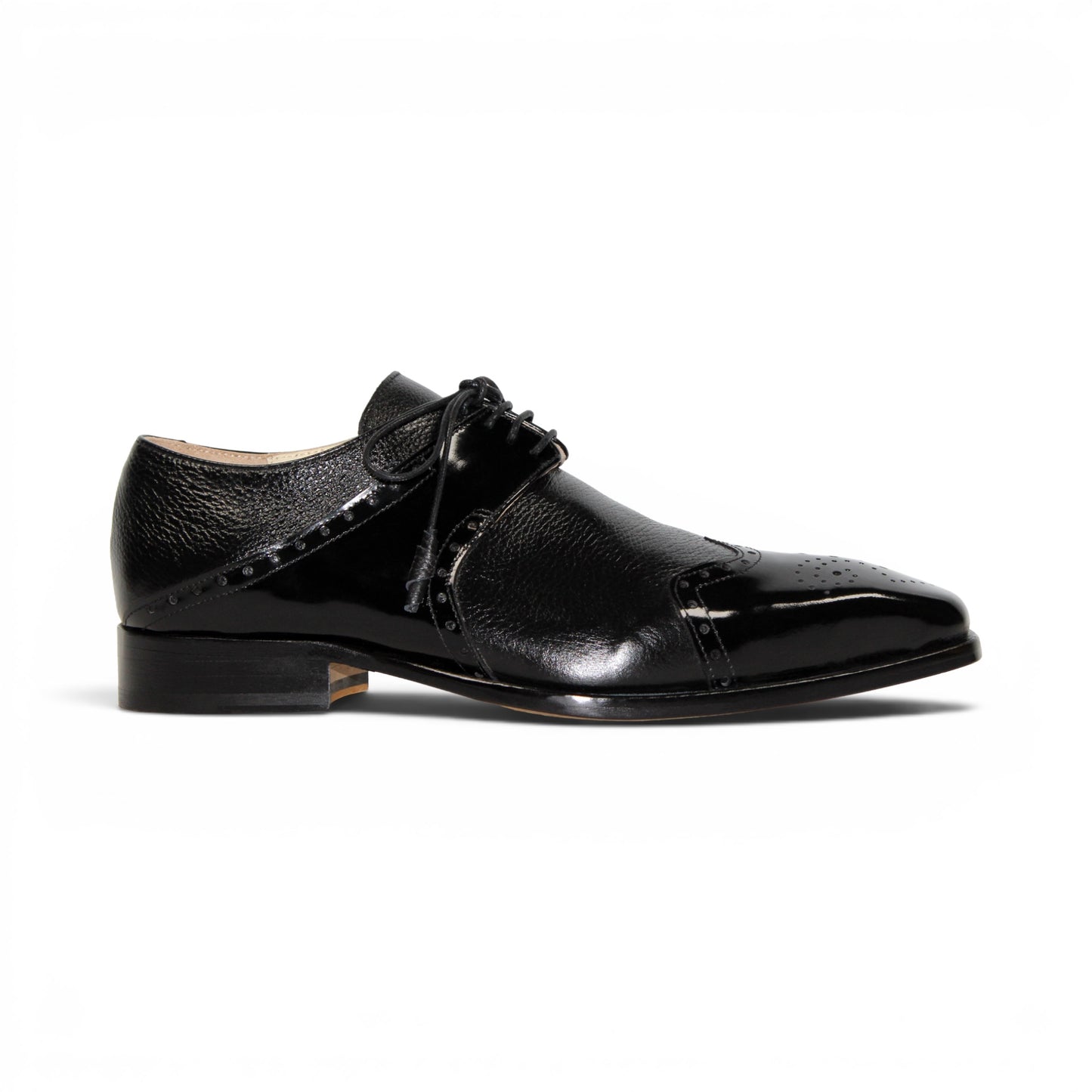 The Emilio Franco Luciano Black by Emilio Franco is an elegant men's dress shoe crafted from premium Italian leather, featuring a closed lacing system, low heel, and decorative perforations on the toe. Shown in profile against a plain white background, this luxury footwear exemplifies refined style.