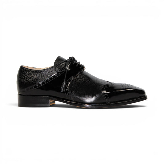 The Emilio Franco Luciano Black by Emilio Franco is an elegant men's dress shoe crafted from premium Italian leather, featuring a closed lacing system, low heel, and decorative perforations on the toe. Shown in profile against a plain white background, this luxury footwear exemplifies refined style.