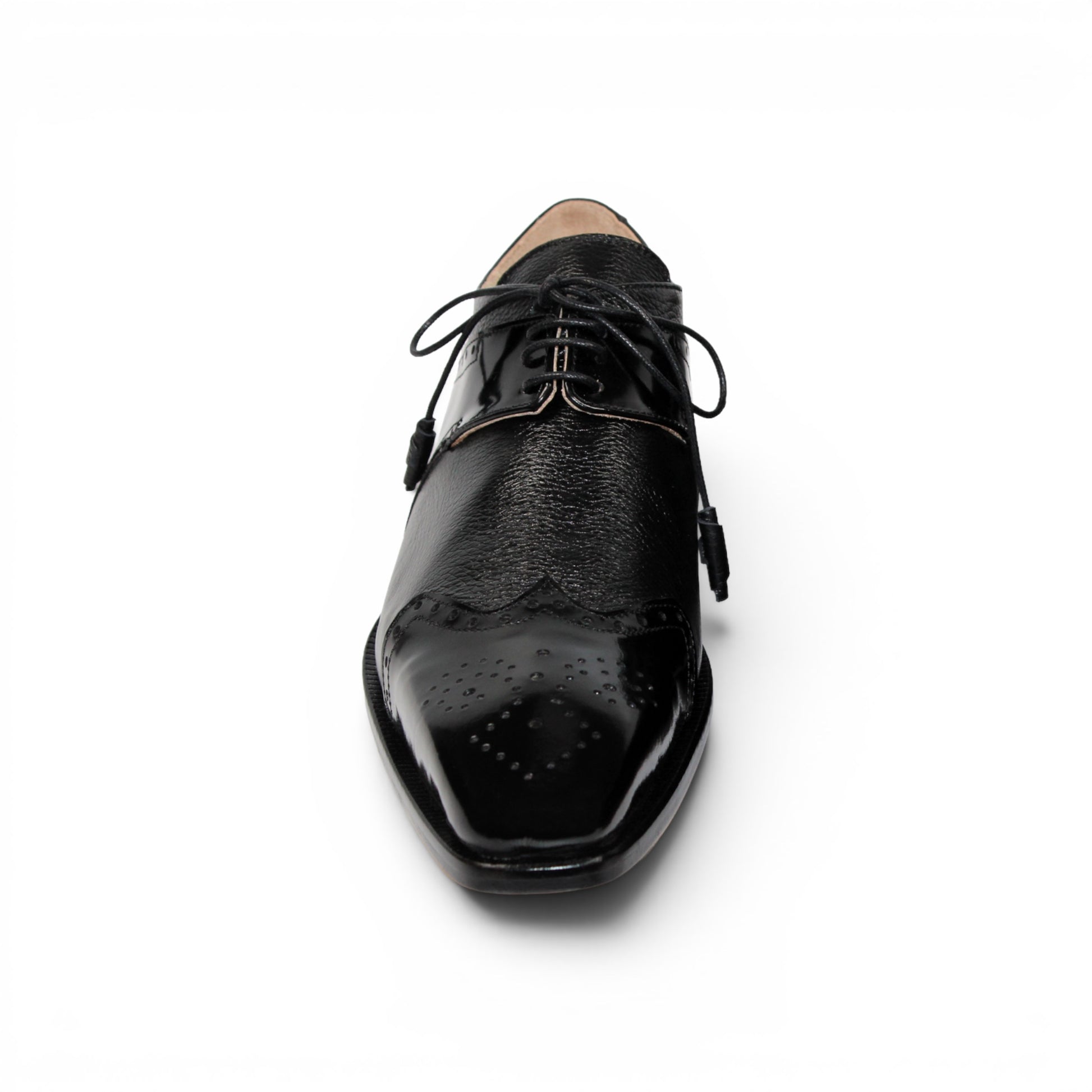 The Emilio Franco Luciano Black by Emilio Franco is an elegant men's dress shoe crafted from premium Italian leather, featuring a closed lacing system, low heel, and decorative perforations on the toe. Shown in profile against a plain white background, this luxury footwear exemplifies refined style.
