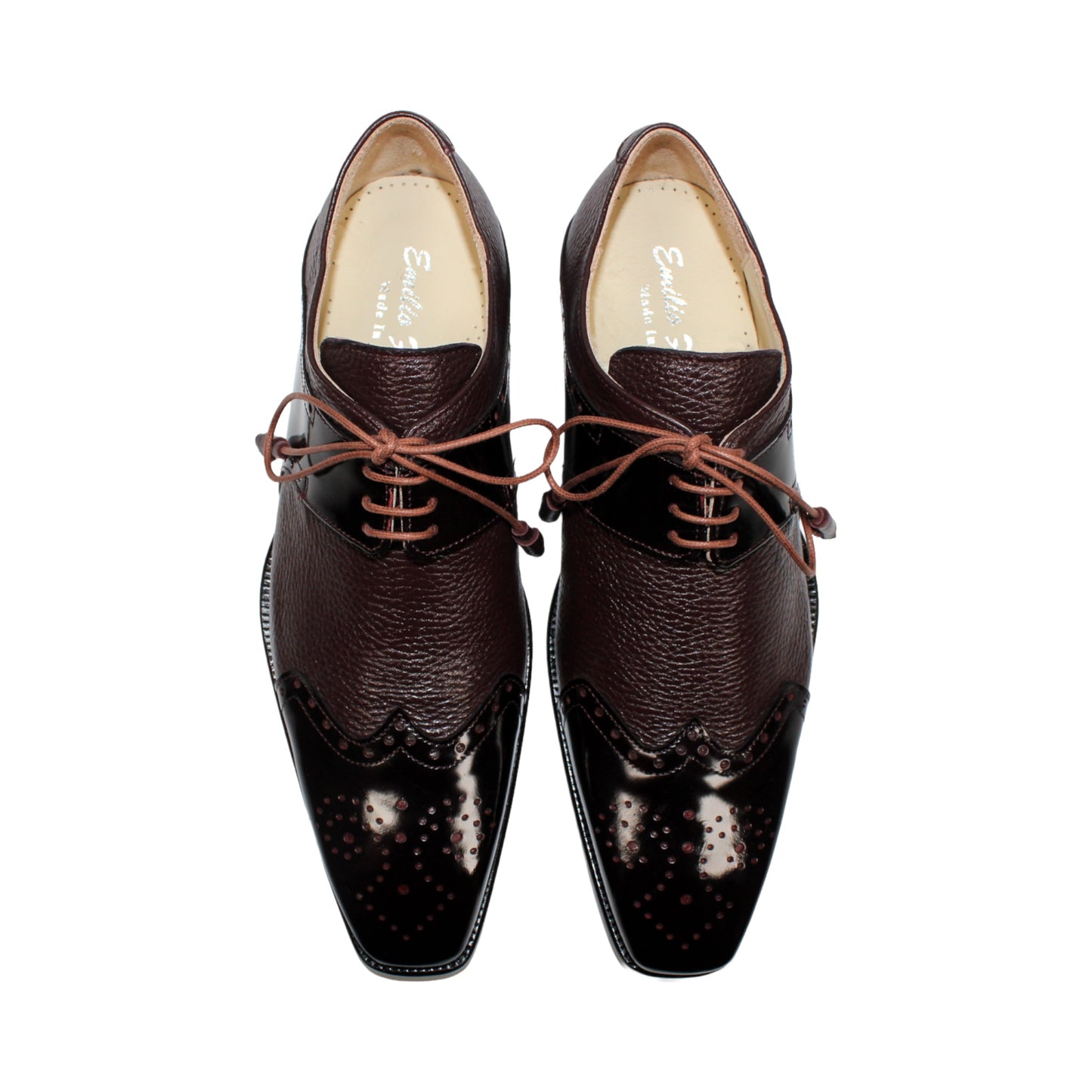 An Emilio Franco Luciano Burgundy oxford shoe, crafted from premium leather in a rich burgundy shade, features laces, classic wingtip detailing, and a polished finish on the toe and side panels, displayed in profile against a white background.
