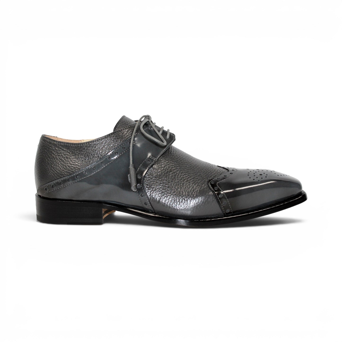 The Emilio Franco Luciano Grey dress shoe by Emilio Franco is shown in profile on a white background: this single gray leather shoe features laces, a glossy toe cap, and subtle decorative perforations—exemplifying the refinement of luxury men's footwear crafted from genuine deerskin.