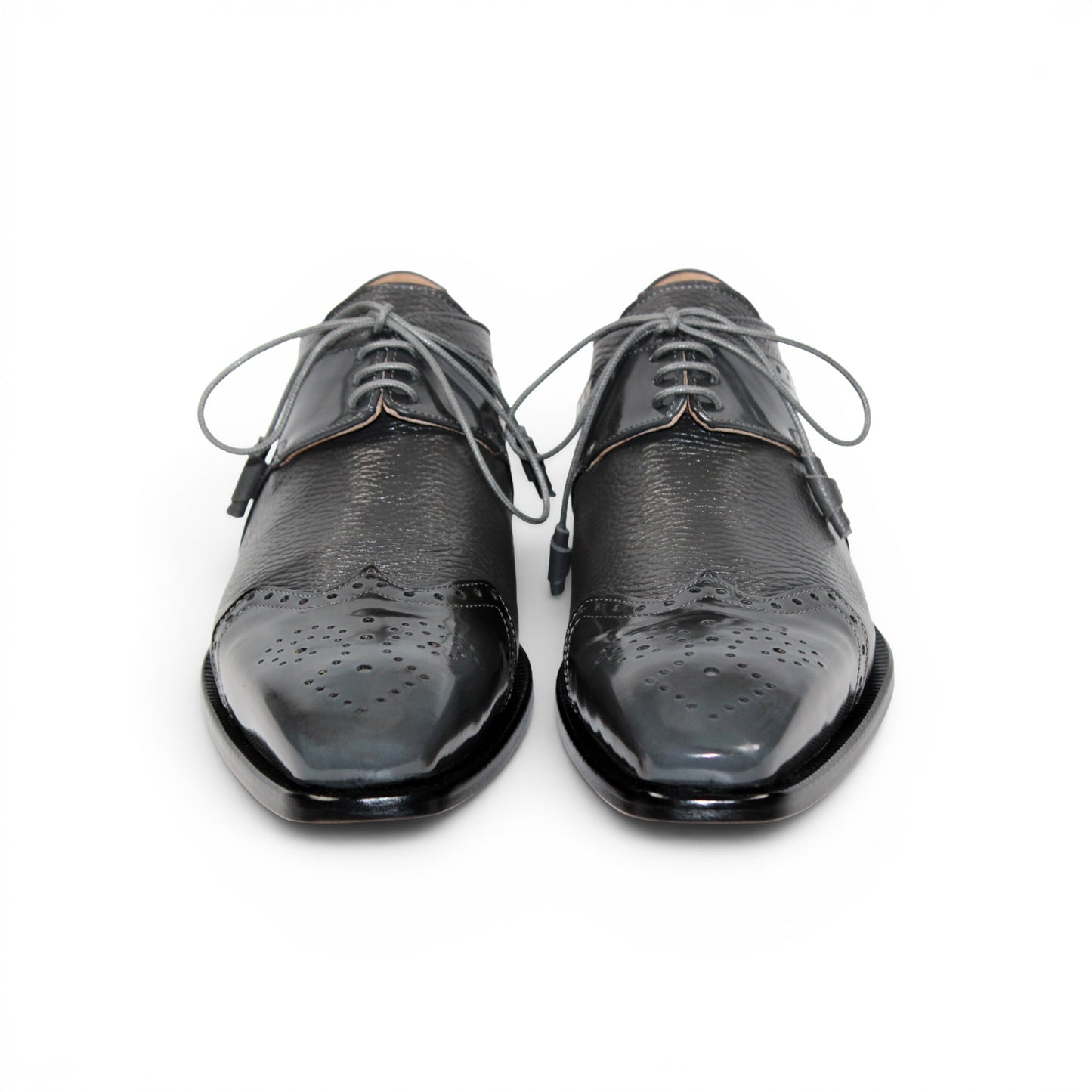 The Emilio Franco Luciano Grey dress shoe by Emilio Franco is shown in profile on a white background: this single gray leather shoe features laces, a glossy toe cap, and subtle decorative perforations—exemplifying the refinement of luxury men's footwear crafted from genuine deerskin.