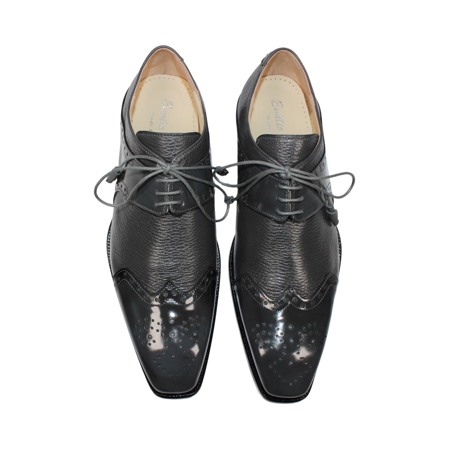 The Emilio Franco Luciano Grey dress shoe by Emilio Franco is shown in profile on a white background: this single gray leather shoe features laces, a glossy toe cap, and subtle decorative perforations—exemplifying the refinement of luxury men's footwear crafted from genuine deerskin.