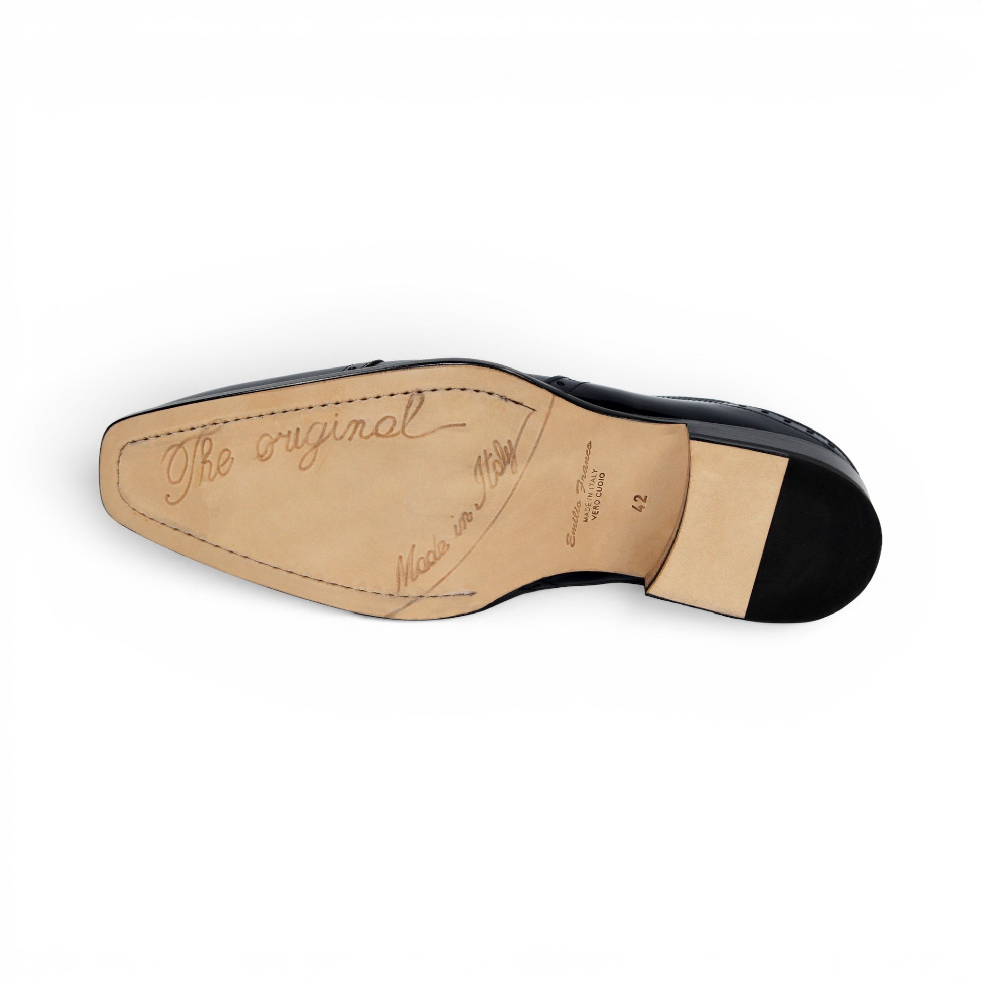 The Emilio Franco Luciano Navy by Emilio Franco is a luxury men's shoe in dark blue Italian leather, featuring brogue detailing, laces, and a low black heel, displayed on a white background.