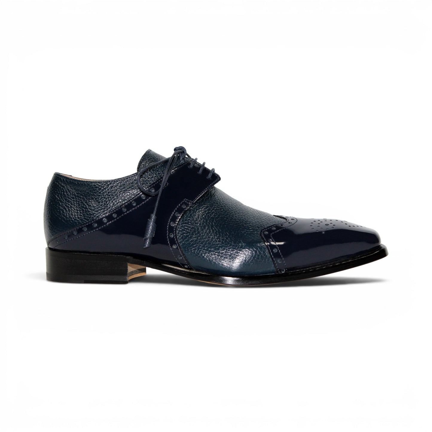 The Emilio Franco Luciano Navy by Emilio Franco is a luxury men's shoe in dark blue Italian leather, featuring brogue detailing, laces, and a low black heel, displayed on a white background.