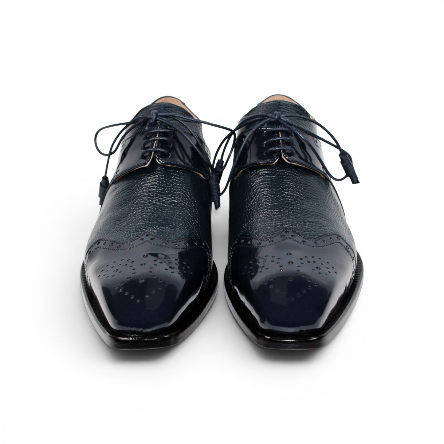 The Emilio Franco Luciano Navy by Emilio Franco is a luxury men's shoe in dark blue Italian leather, featuring brogue detailing, laces, and a low black heel, displayed on a white background.