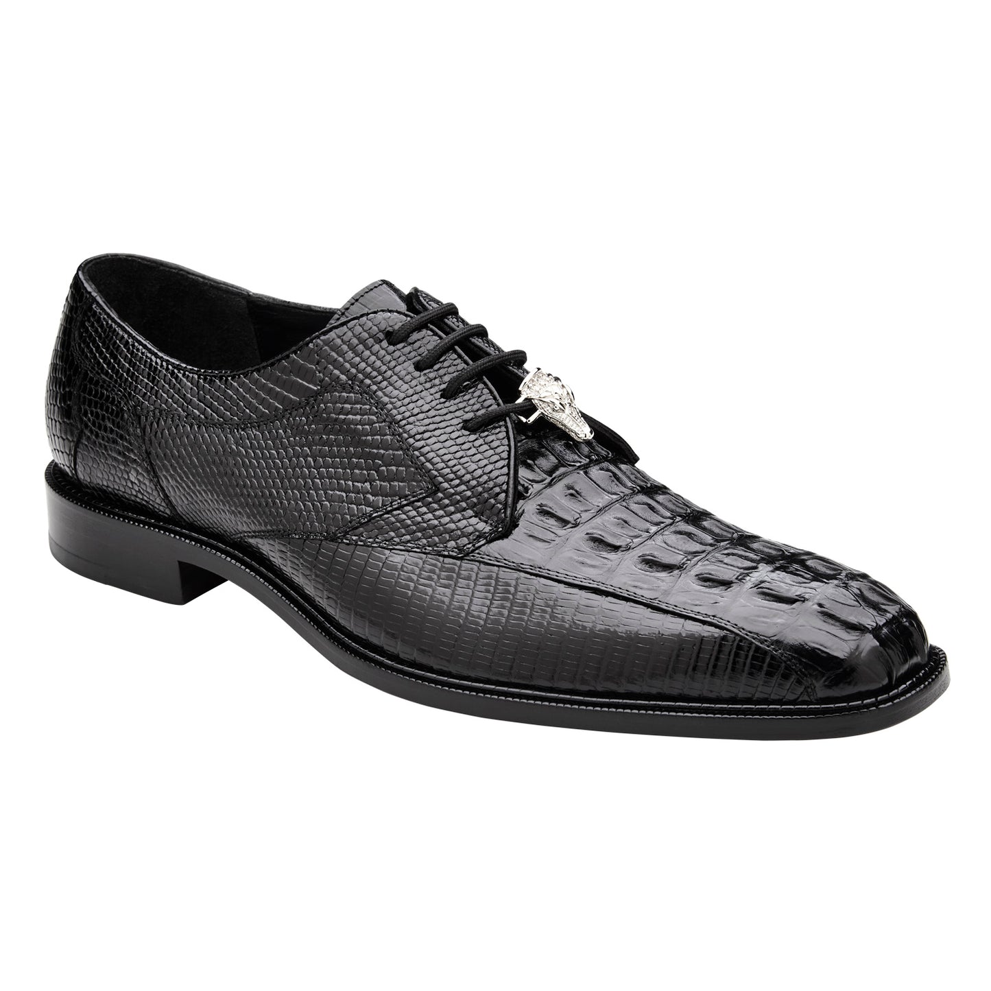The BELVEDERE Lusso R115 is a black genuine hornback/lizard dress shoe shown in side profile against a white background, featuring a textured reptile-patterned leather upper with classic bicycle toe lace-up design.